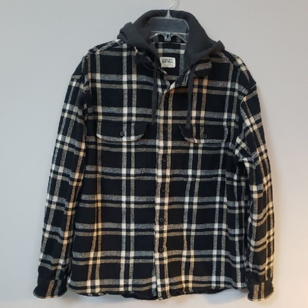 American Eagle Shacket Mens L Heavy Plaid Flannel Waffle Knit Hood Outdoors Camp